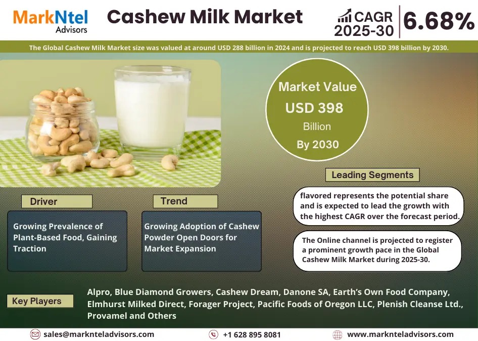 Cashew Milk Market Breakdown By Size, Share, Growth, Trends, and Industry Analysis| MarkNtel